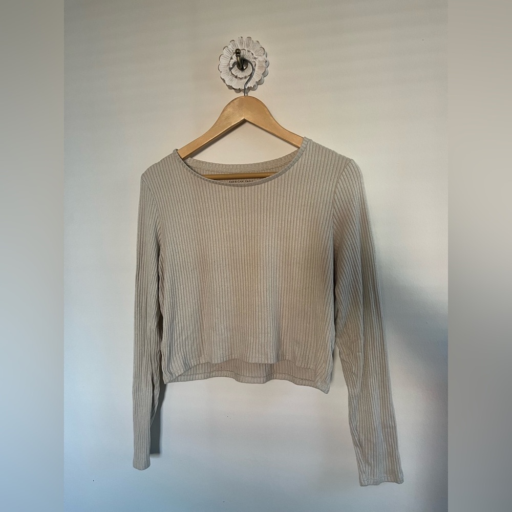 American Eagle Outfitters Ribbed Long Sleeve Top - Light Gray